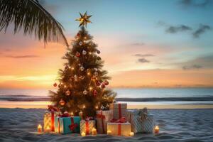 ai generado Navidad árbol con regalos en el playa a puesta de sol. 3d prestar, Navidad árbol y regalos en el arenoso playa, ai generado foto
