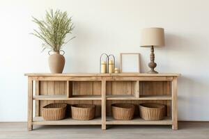 A farmhouse buffet complements a rustic dining room with natural wood tones. Ai generated photo