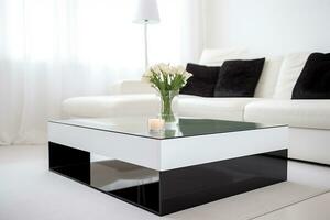 A sleek acrylic coffee table that enhances a modern living space with vibrant white and black hues. Ai generated photo