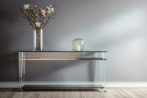 A glass top console table adds elegance to a modern entryway in cool gray tones. Ai generated photo