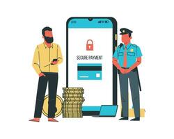 hombre con teléfono inteligente y seguridad aplicación en pantalla. vector ilustración en plano estilo para seguridad sistema en sin contacto pago concepto