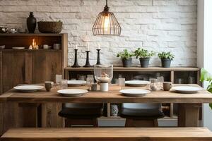 Rustic wooden dining table in a cozy earth toned kitchen. Ai generated photo