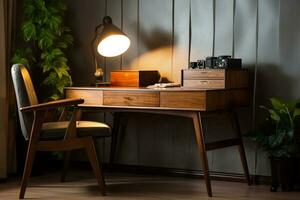 A mid-century modern desk that creates a stylish office space in warm teak tones. Ai generated photo