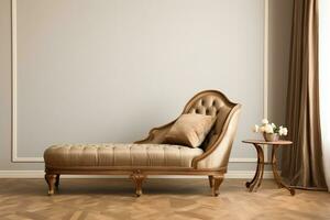 Antique chaise lounge in an elegant reading nook in classic muted tones. Ai generated photo