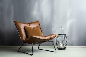 Leather sling chair in a modern living room with dark browns and neutrals. Ai generated photo