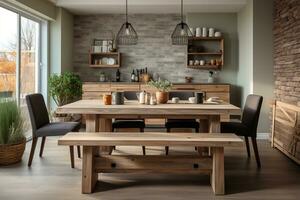 Rustic wooden dining table in a cozy earth toned kitchen. Ai generated photo