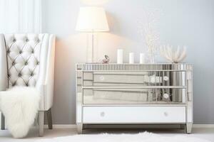 A chic mirrored chest of drawers is the centerpiece of a glamorous silver and white bedroom. Ai generated photo