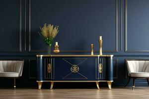 Art Deco Buffet Decorating a Classic Dining Room with Luxurious Gold and Navy Blue. Ai generated photo