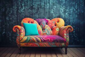 cachemir sofá en un bohemio vivo habitación lleno con ecléctico brillante colores. ai generado foto