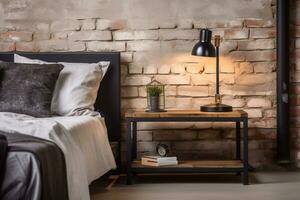 Industrial style side table decorating loft style bedroom with rustic wood and metal finish. Ai generated photo