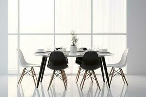 Dining area interior in black and white colors. Eames style chairs surrounding a modern dining table in a monochrome setting. Ai generated photo