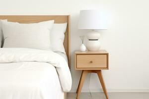 Scandinavian bedside tables decorate a modern bedroom with calm white tones and light wood. Ai generated photo