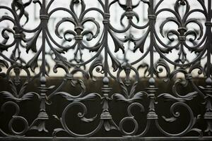 Intricate wrought iron fence texture with ornate designs. Texture, background, pattern. Ai generative photo