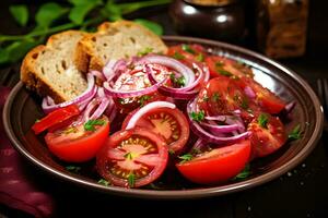 Tomato Salad featuring Red Onion and Spicy Dressing. Ai generative photo