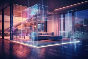 AI generated Interior of modern living room with glowing lights. 3D rendering, Beautiful modern house interior with a digital hologram effect overlay, AI Generated photo