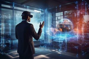 AI generated Businessman in modern interior using virtual reality headset. 3D rendering, Businessman wearing VR and using AI technology hologram at work, captured from the rear view, AI Generated photo