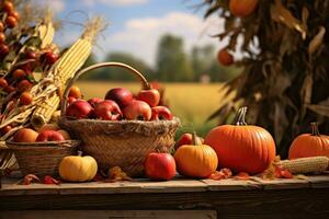 ai generado otoño todavía vida con calabazas, manzanas y maíz en cesta, cesta de calabazas, manzanas y maíz en cosecha mesa con campo arboles y cielo fondo, ai generado foto