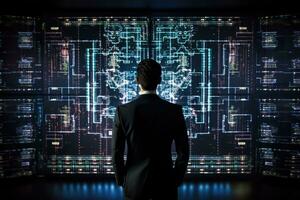 AI generated Rear view of businessman looking at virtual panel with graphs and diagrams, Businessman using advanced AI technology against a black background, captured from the rear view, AI Generated photo