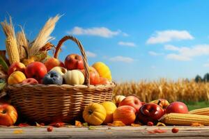 ai generado otoño cosecha en un mimbre cesta en un de madera mesa, cesta de calabazas, manzanas y maíz en cosecha mesa con campo arboles y cielo fondo, ai generado foto