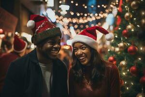 AI generated Couple in christmas hats smiling at each other in the street, Black man and a woman wearing christmas hats, AI Generated photo