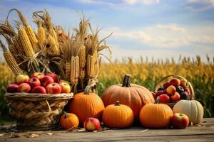 AI generated Autumn still life with pumpkins, apples and corn on the field, Basket Of Pumpkins, Apples And Corn On Harvest Table With Field Trees And Sky Background, AI Generated photo