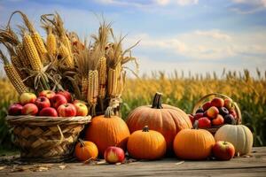 ai generado otoño todavía vida con calabazas, manzanas y maíz en el campo, cesta de calabazas, manzanas y maíz en cosecha mesa con campo arboles y cielo fondo, ai generado foto