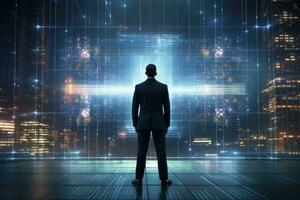 AI generated Businessman standing with back and looking at night city. Future concept, Businessman standing in front of a digital big screen hologram displaying business data, AI Generated photo