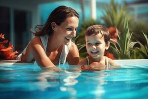 AI generated Happy mother and son in swimming pool at home. Focus on woman, child playing in the pool together with mother, AI Generated photo