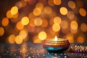 ai generado hermosa diwali diya en oscuro bokeh fondo, vela ligero y bokeh antecedentes celebrar indio fiesta Día de la Independencia, ai generado foto