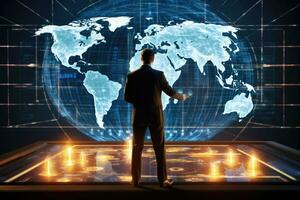 AI generated Businessman standing in front of the virtual world map on a futuristic background, Businessman working on a hologram displaying a global map, captured from the rear view, AI Generated photo