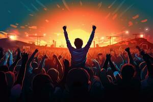 AI generated Silhouette of a concert crowd at sunset. Vector illustration, Cheering crowd at a rock concert, AI Generated photo