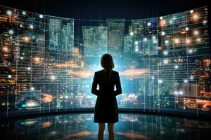 AI generated Back view of businesswoman looking at night city and network hologram, Businesswoman standing in front of a digital big screen hologram displaying business data, captured from photo