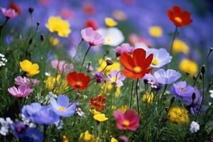 Close-up of a field of vibrant wildflowers. Texture, background, pattern. Ai generative photo