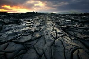 Cracked lava texture in volcanic landscape. Texture, background, pattern. Ai generative photo