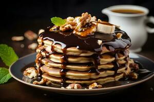 Banana Pancakes Stack Adorned with Fresh Bananas. Ai generative photo