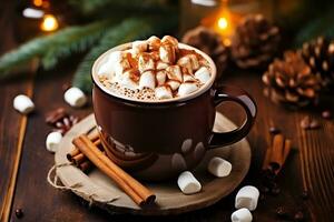 Homemade Spicy Hot Chocolate, Cinnamon, and Marshmallow. Ai generative photo