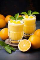 Curd and Fresh Oranges in Glasses. Ai generative photo