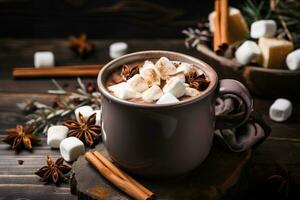 Homemade Spicy Hot Chocolate with Cinnamon and Marshmallow. AI Generative photo