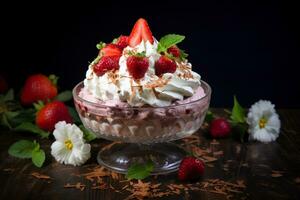 Eton Mess with Cream, Ice Cream, and Berries. Ai generative photo