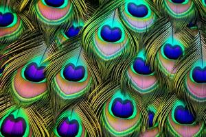 Exotic peacock feather texture with iridescent colors. Texture, background, pattern. Ai generative photo