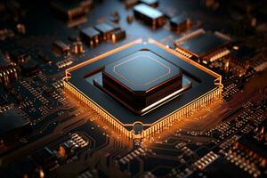 Detailed view of a contemporary circuit board with CPU, microchip, and components, perfect for tech presentations and illustrations. Ai generative photo