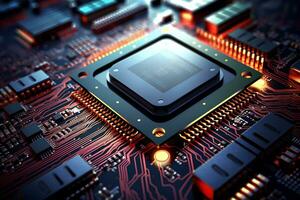 Detailed view of a contemporary circuit board with CPU, microchip, and components, perfect for tech presentations and illustrations. Ai generative photo