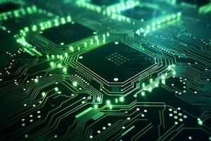 Detailed view of a contemporary circuit board with CPU, microchip, and components, perfect for tech presentations and illustrations. Ai generative photo