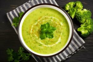 Wholesome Broccoli Soup, Top-View Stock Photo. Ai generative photo