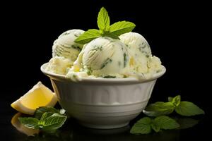 Lemon Sorbet Scoops with Basil Garnish. Ai generative photo