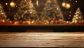 Wood Table with Blurry Christmas Tree and Fireplace Background for Festive Decor,ai generated photo