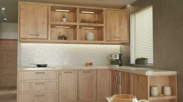 3d render interior cozinha, de madeira armários, jantar mesa, decorações e Comida. realismo video