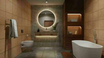 3D rendering bathroom, aromatherapy, relaxation, spa. Tiles, ceramics, wooden cupboard with candles and towels. Mirror with illumination, modern toilet. video