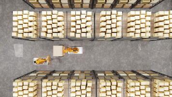Warehouse, automatic robots, loading and unloading of boxes and goods, artificial intelligence, logistics. Robots sort and move boxes. Top view video