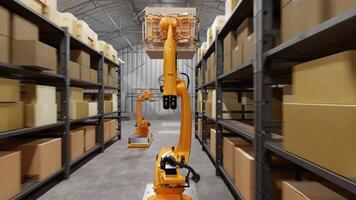 Warehouse, automatic robots, loading and unloading of boxes and goods, artificial intelligence, logistics. Robots sort and move boxes. video